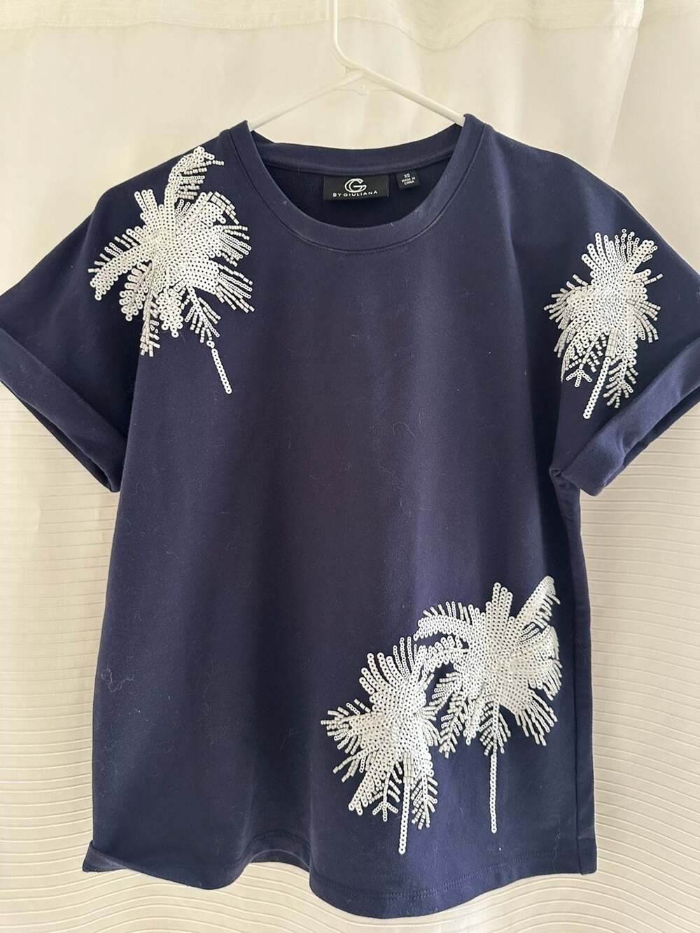 G by Giuliana Navy Sequin Palm Tree Embellished Crew Neck Tee Size XS